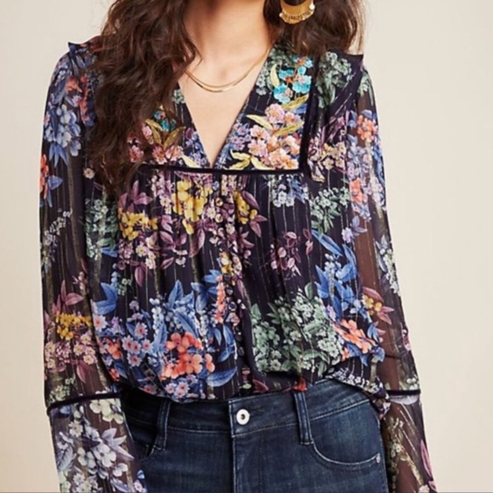 Anthropologie Vineet Bahl Vivienne Floral Embroidered Blouse Bell Sheer Sleeves